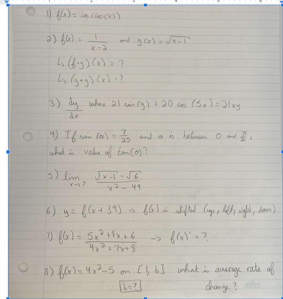1) \( f(x)=\cos (\cos (x)) \)
2) \( f(x)=\frac{1}{x-2} \) and \( g(x)=\sqrt{x-1} \)
\( \operatorname{Ls}(f \cdot g)(x)=? \)
\
