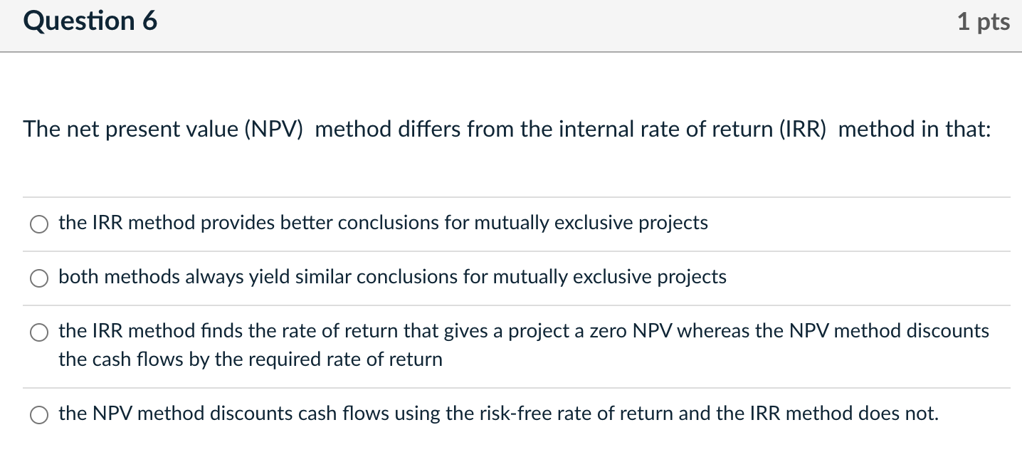 Solved Question 6 1 pts The net present value (NPV) method | Chegg.com