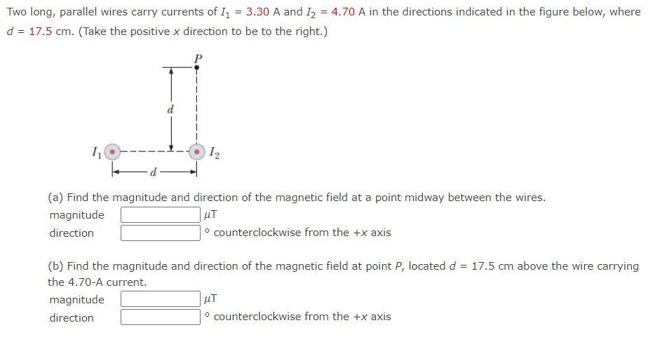 Solved = Two long, parallel wires carry currents of 11 = | Chegg.com