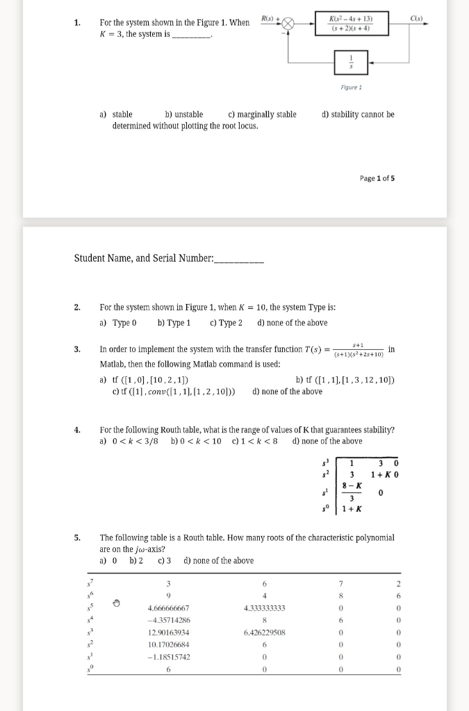 Solved R(S) + Cs) 1. For the system shown in the Figure 1. | Chegg.com