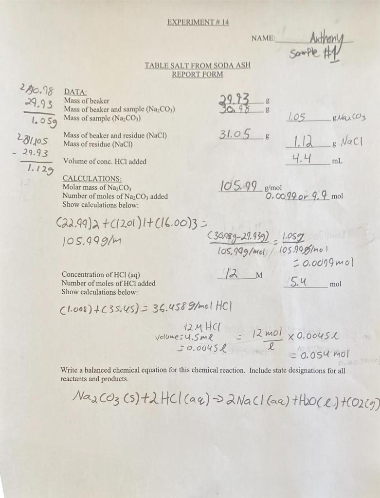 Solved EXPERIMENTA 14 NAME: Anthony Sample #1 TABLE SALT | Chegg.com