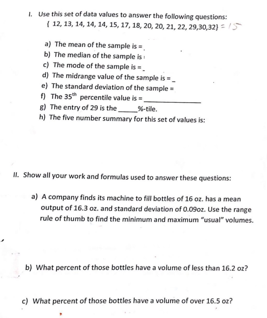 Solved I. Use this set of data values to answer the | Chegg.com