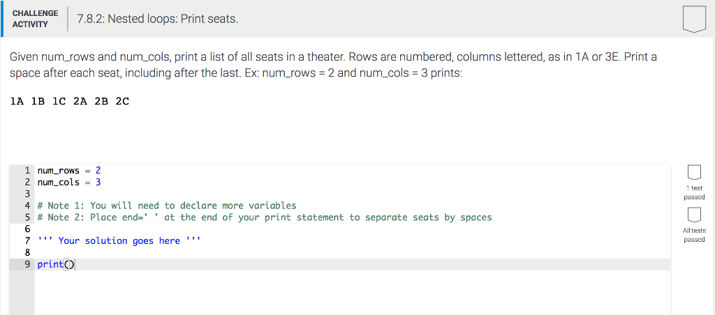 Solved CHLLENGE 7.8.2: Nested loops: Print seats ACTIVITY | Chegg.com