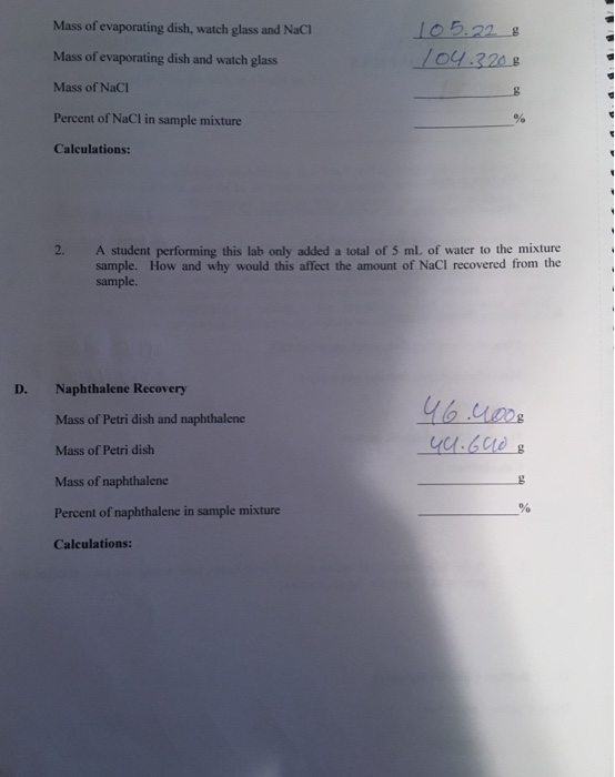 Solved A. Mixture Sample Mass of evaporating dish, watch