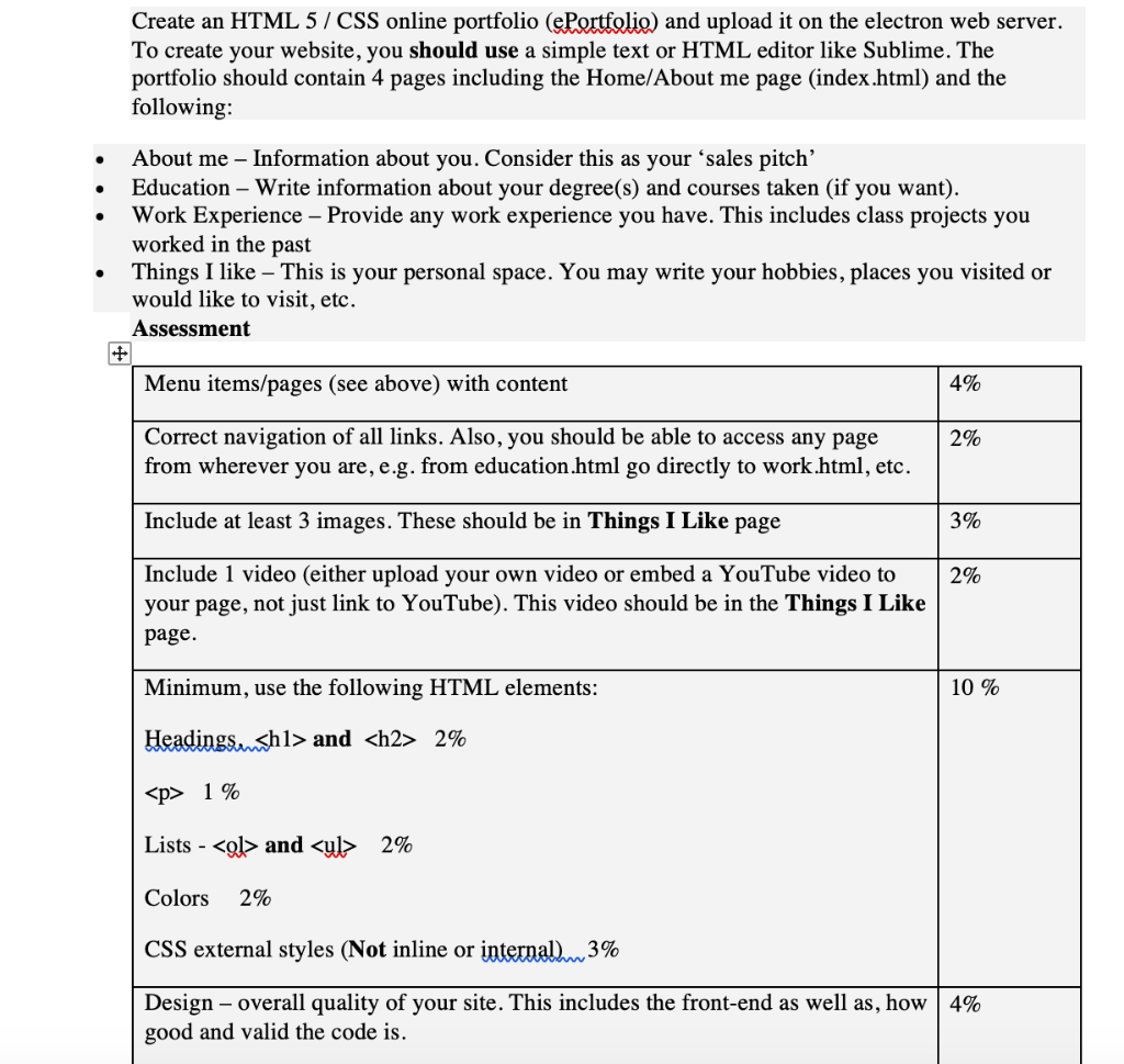 Create an HTML 5/ CSS online portfolio (ePortfolio) | Chegg.com