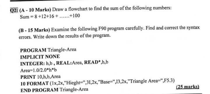 Solved Q2: (A - 10 Marks) Draw a flowchart to find the sum | Chegg.com
