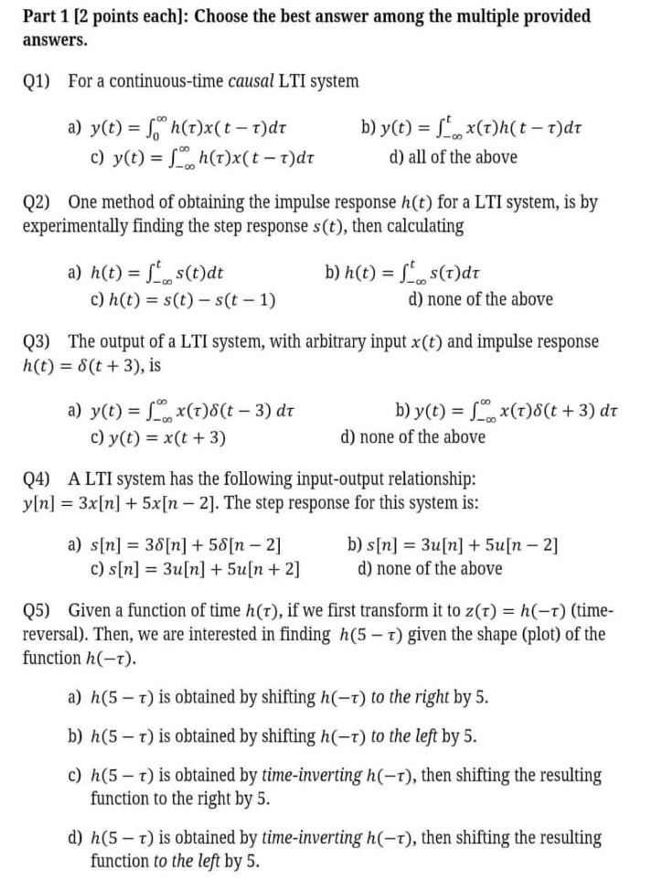 Solved Part 1 2 Points Each Choose The Best Answer Amo Chegg Com