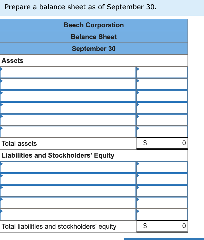 Prenare a halance sheet as of Sentemher 30 .