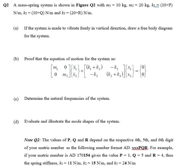 Solved Q2 A mass-spring system is shown in Figure Q2 with mi | Chegg.com