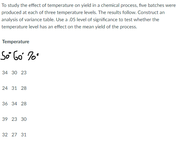 Solved To study the effect of temperature on yield in a | Chegg.com