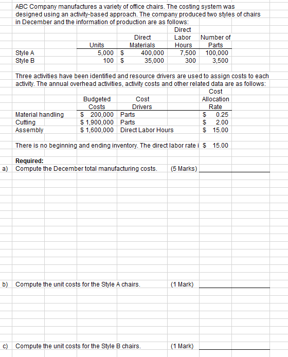 Solved ABC Company manufactures a variety of office chairs. | Chegg.com