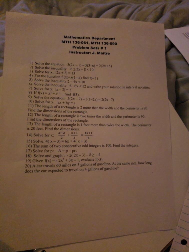 Mth 069 Math Level Solved Mathematics Department MTH 136-061, MTH 136-090 | Chegg.com