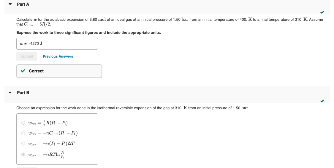 Solved Part A Calculate w for the adiabatic expansion of | Chegg.com