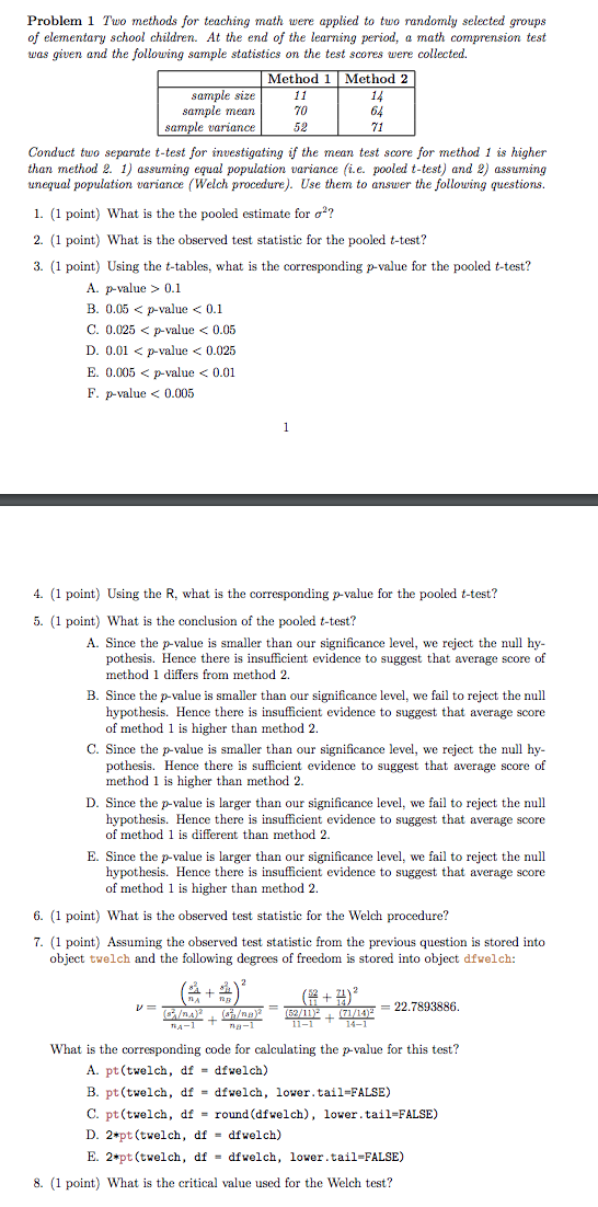 Solved Problem 1 Two methods for teaching math were applied | Chegg.com