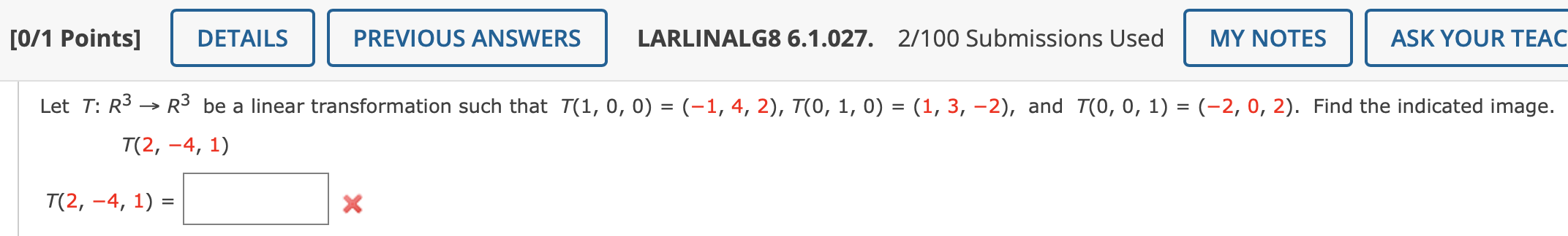 Solved [0/1 Points] DETAILS PREVIOUS ANSWERS LARLINALG8 | Chegg.com