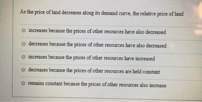 solved a decrease in resource prices will:decrease ... Solved As the price of land decreases along its demand | Chegg.com