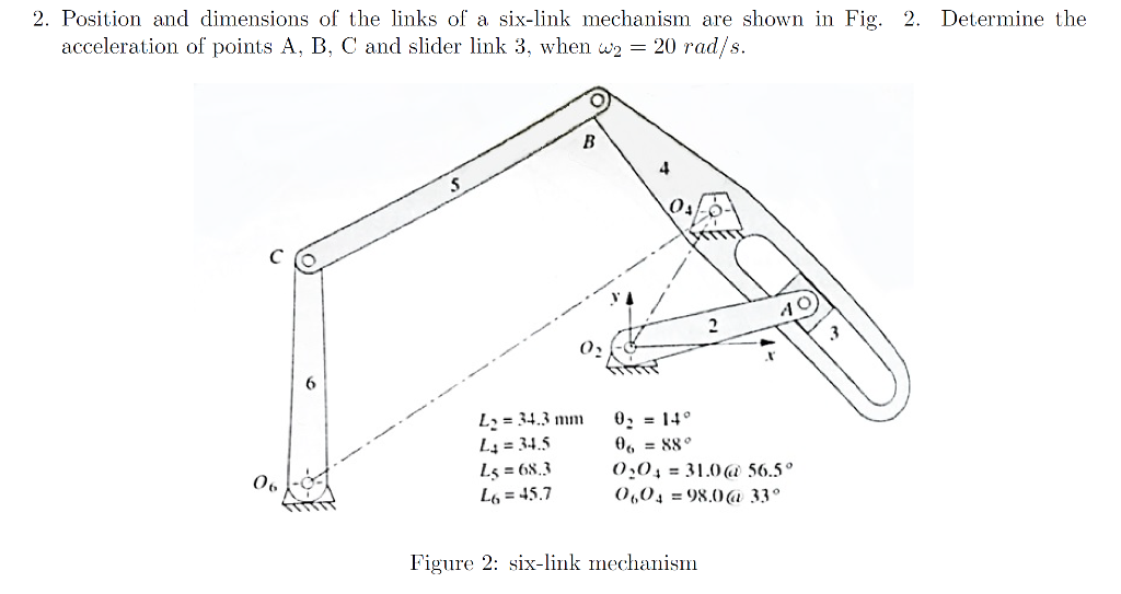 2. Position and dimensions of the links of a six-link mechanism are shown in Fig. 2. Determine the acceleration of points \( 