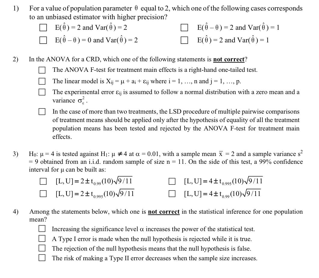 Solved 1 For A Value Of Population Parameter 0 Equal To Chegg Com