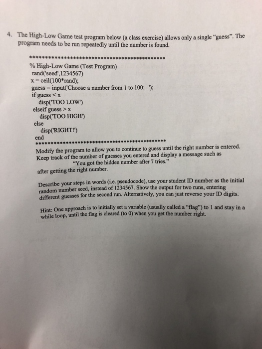 Solved 4. The High-Low Game test program below (a class | Chegg.com