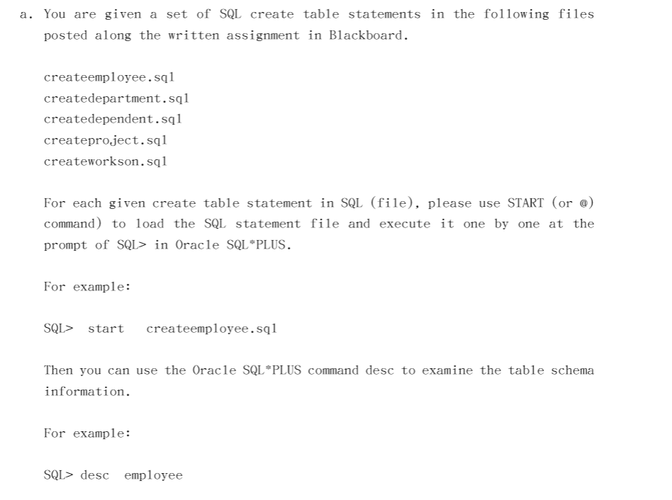 For each given create table statement in SQL | Chegg.com