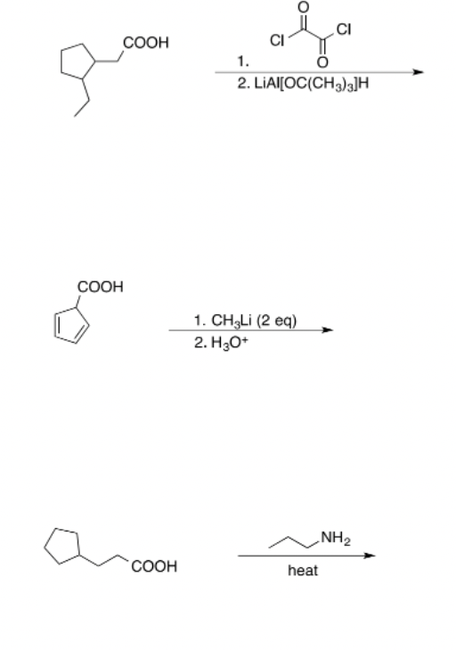 COOH CI CI 1. 2. LiAl(OC(CH3)3]H alla COOH 1. CH3Li (2 eq) 2. H30+ „NH2 COOH heat