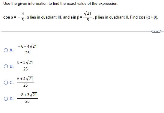 Solved Use the given information to find the exact value of | Chegg.com