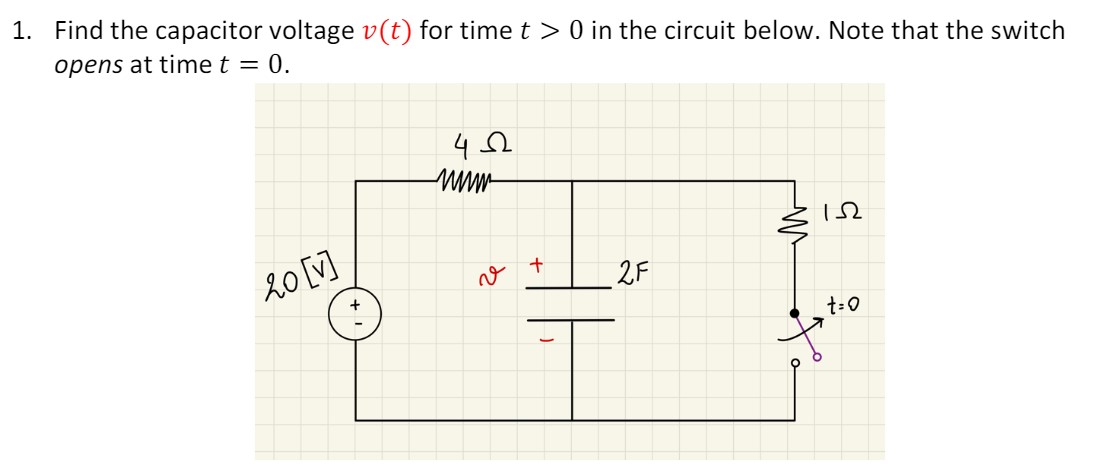 [Solved]: Find the capacitor voltage v(t) for time t>0 i