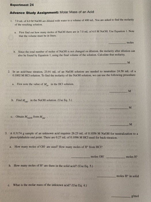 Solved Experiment 24 Advance Study Assignment: Molar Mass of | Chegg.com