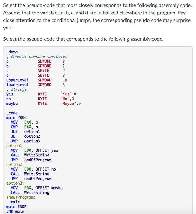 Solved Select the pseudo-code that most closely corresponds | Chegg.com
