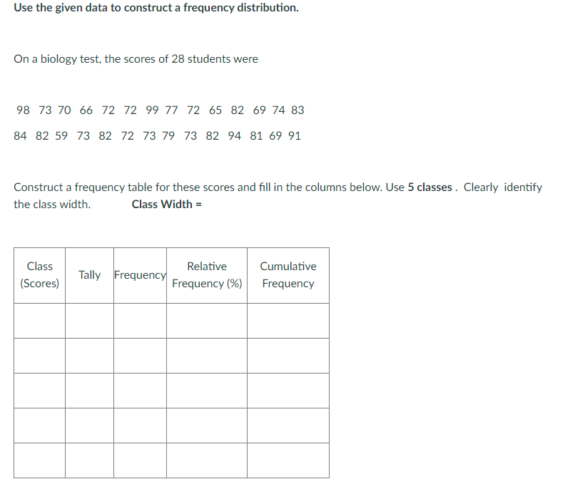 Solved Use the given data to construct a frequency | Chegg.com