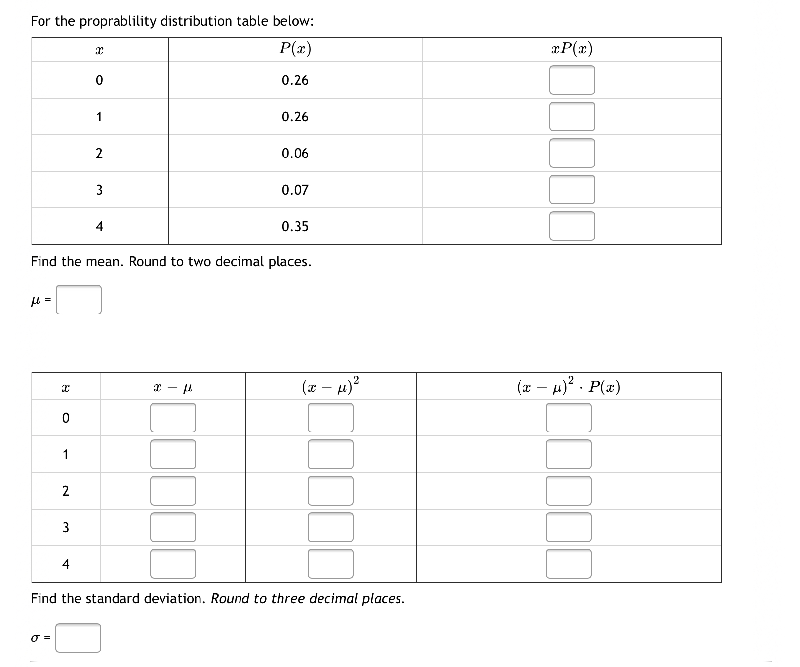 Solved For the proprablility distribution table below: Find | Chegg.com