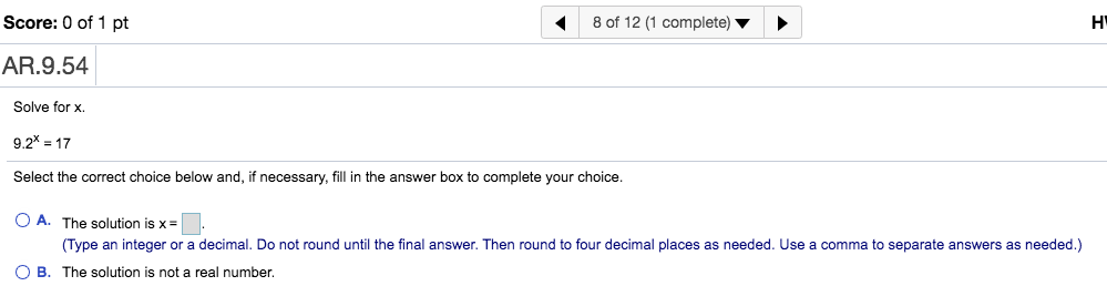 Solved Score: 0 of 1 pt 8 of 12 (1 complete) н AR.9.54 Solve | Chegg.com