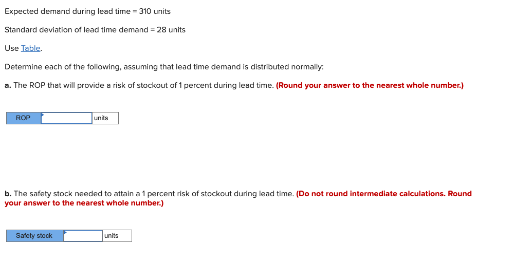 Solved Expected demand during lead time = 310 units Standard | Chegg.com