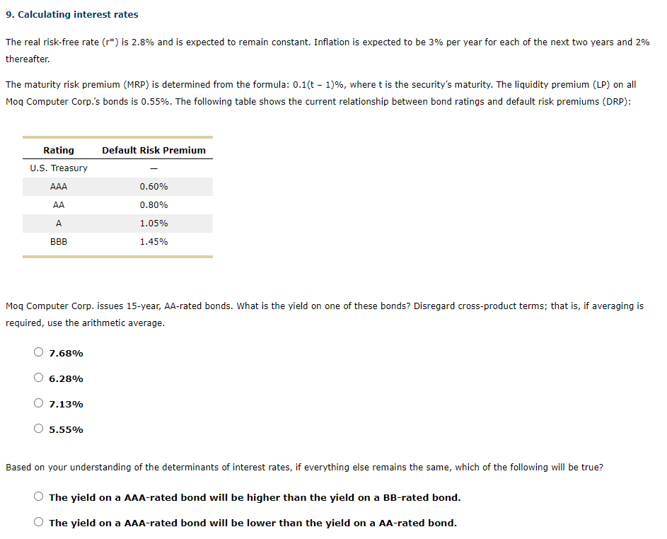 Solved 9 Calculating Interest Rates The Real Risk free Rate Chegg