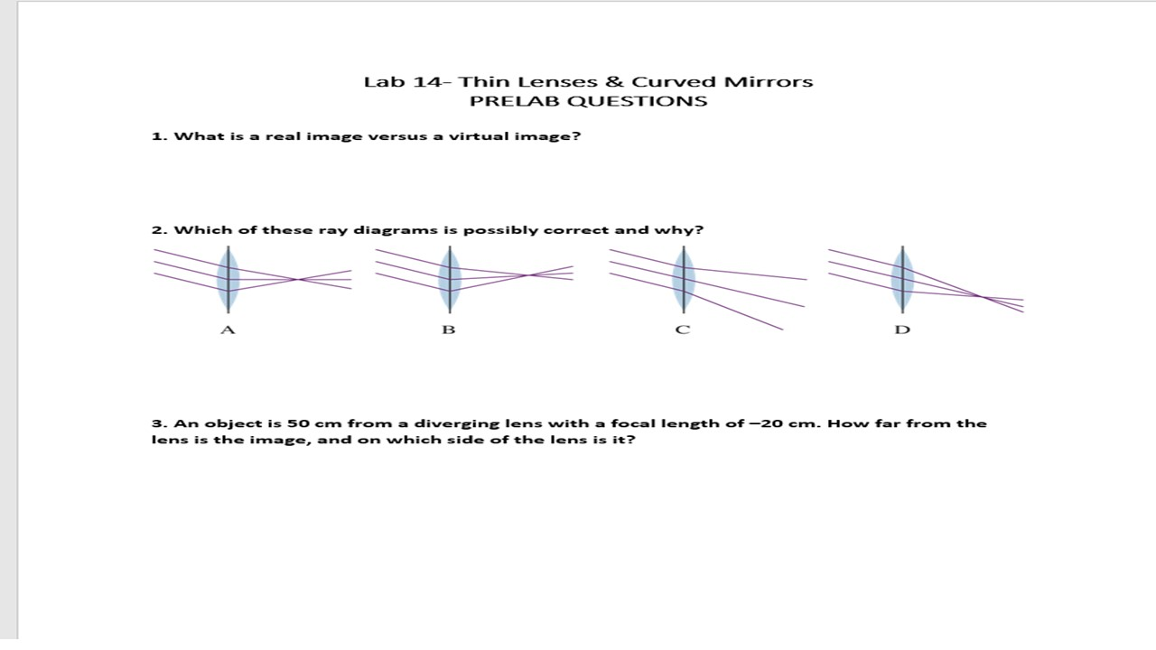 Solved Lab 14 Thin Lenses & Curved Mirrors PRELAB QUESTIONS