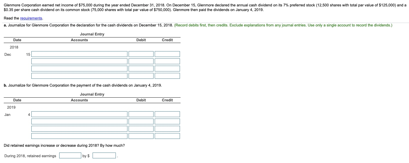 Solved Glenmore Corporation Earned Net Income Of 75 000 Chegg