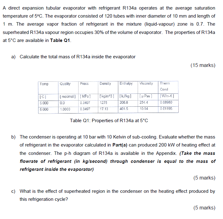 A direct expansion tubular evaporator with refrigerant R134a operates at the average saturation
temperature of 5°C. The evapo