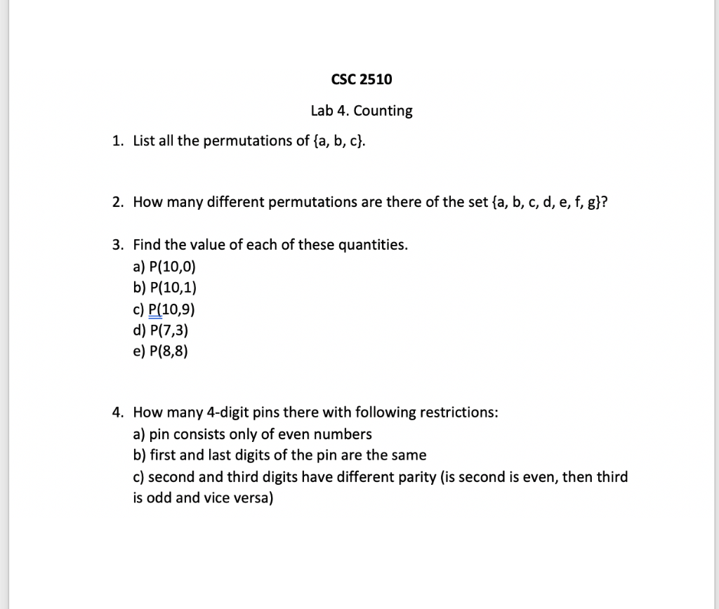 Solved CSC 2510 Lab 4. Counting 1. List all the permutations | Chegg.com