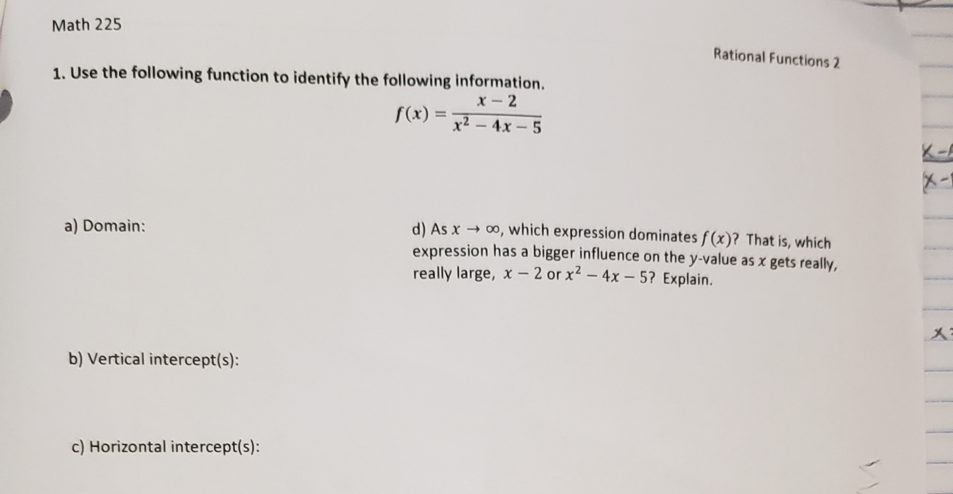 Solved Math 225 Rational Functions 2 1. Use the following | Chegg.com