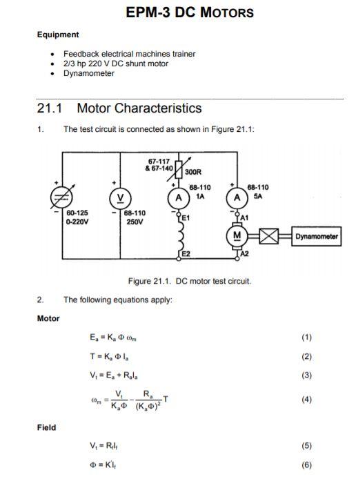 Solved EPM-3 DC MOTORS Equipment Feedback electrical | Chegg.com