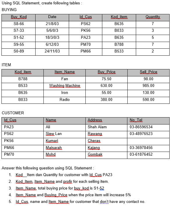 Solved Kod Item B635 Quantity 7 Using Sql Statement Crea Chegg Com