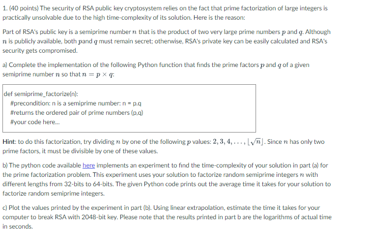 Solved 1. (40 points) The security of RSA public key