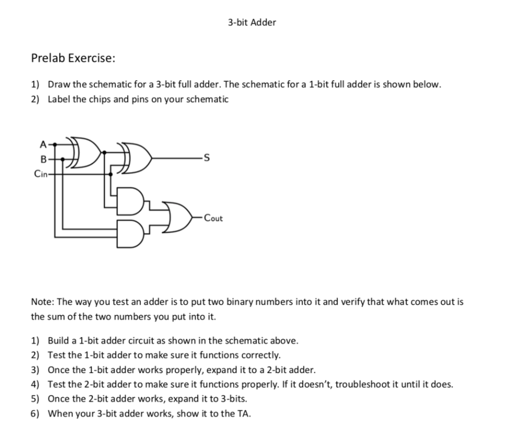 Solved 3-bit Adder Prelab Exercise: 1) 2) Draw the schematic | Chegg.com