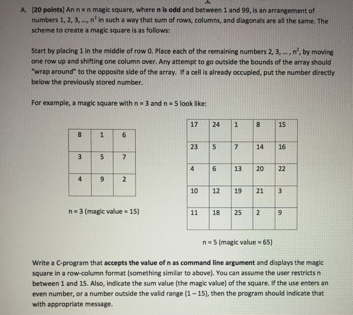 Solved [20 points] An nx n magic square, where n is odd and | Chegg.com