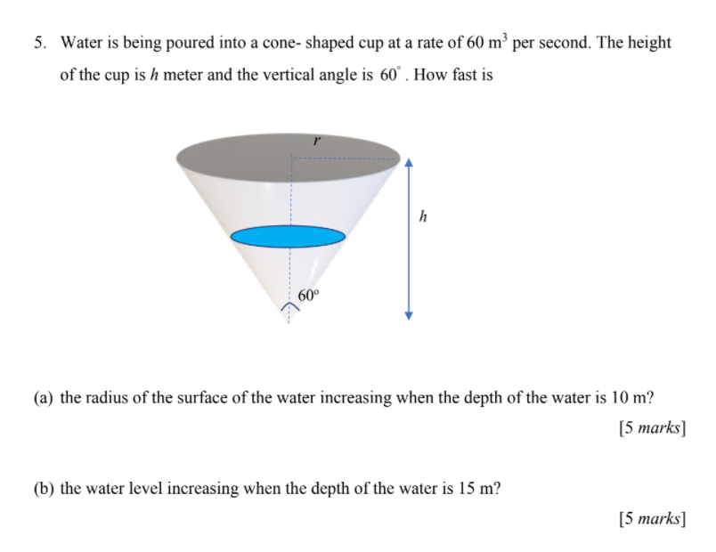 Solved 5. Water is being poured into a cone-shaped cup at a | Chegg.com