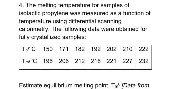 Solved 4. The melting temperature for samples of isotactic | Chegg.com