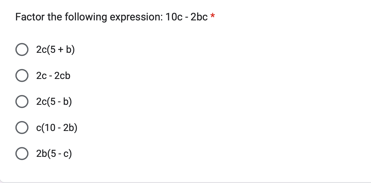 Solved Factor the following expression: 10c−2bc * | Chegg.com