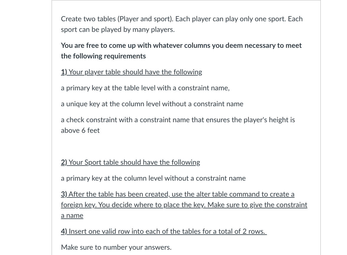 Solved Create two tables (Player and sport). Each player can | Chegg.com