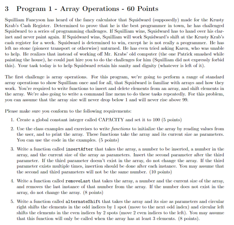 Solved 3 Program 1 - Array Operations - 60 Points Squilliam | Chegg.com