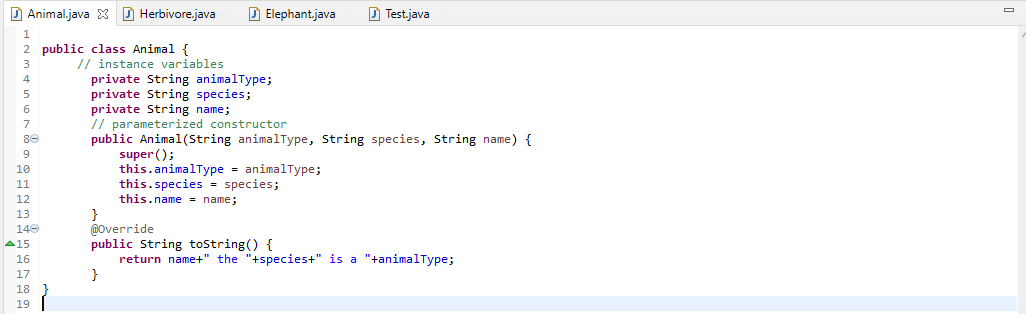 Animal.java X Herbivore.java Elephant.java Test.java | Chegg.com